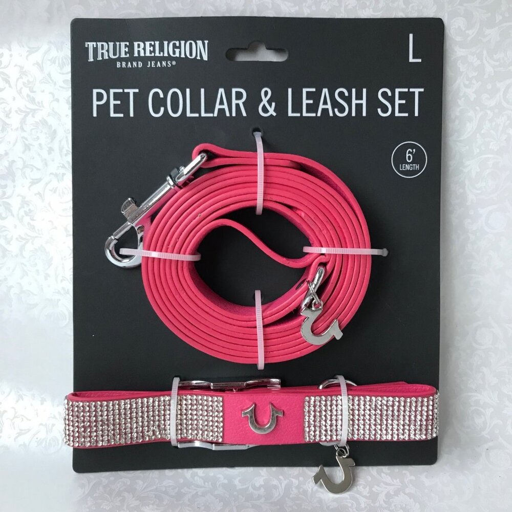 True Religion Pet Collar & Leash Set  Horseshoe Charms Logo Pink  Size : L